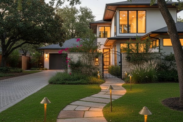 Modern Houston home exterior at golden hour