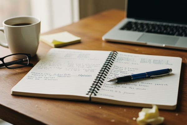 Notebook with handwritten notes and pen on a wooden desk
